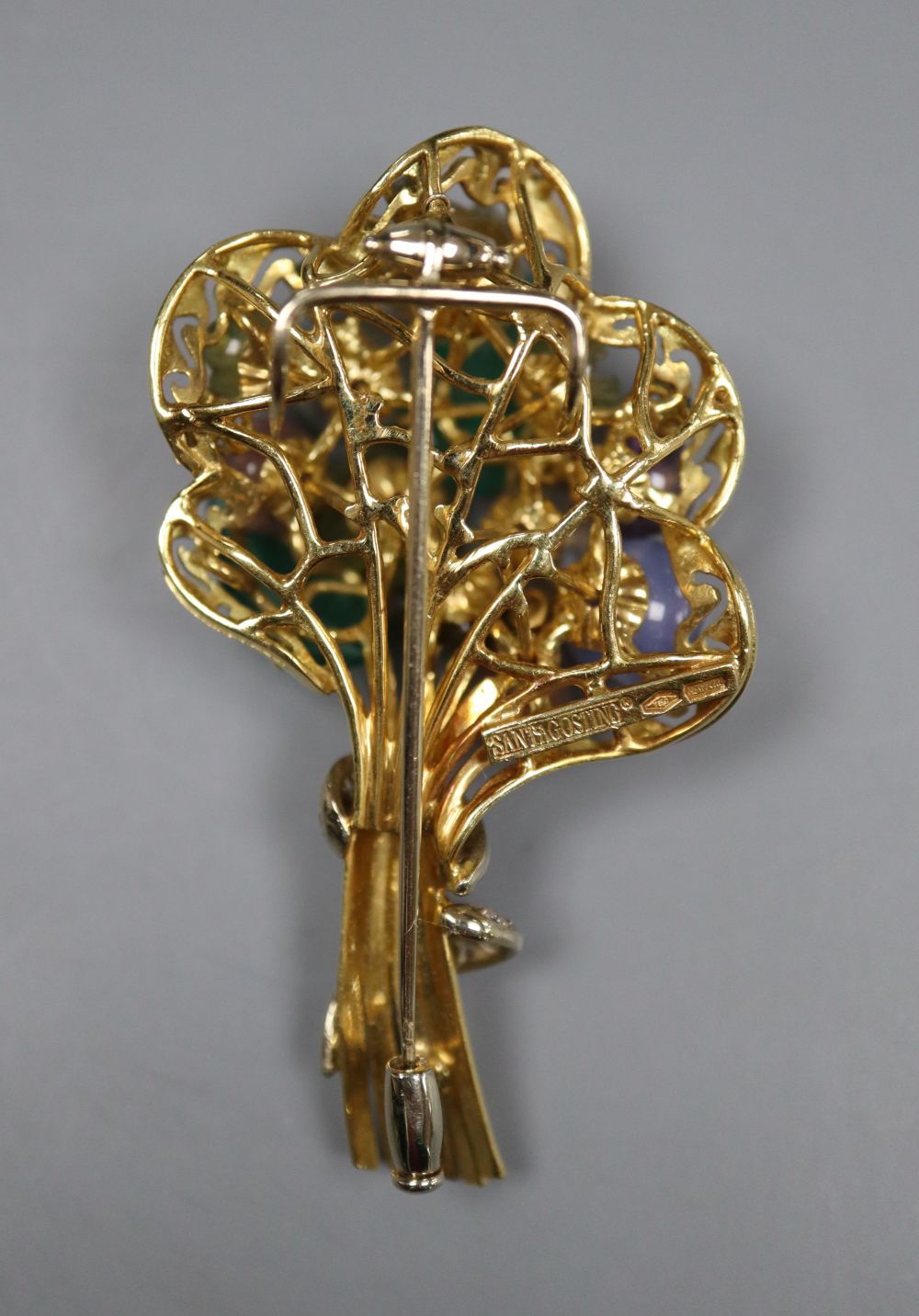 A modern Italian Santagostino 750 and multi gem set stylised flower bouquet brooch, 55mm, gross 18.5 grams.